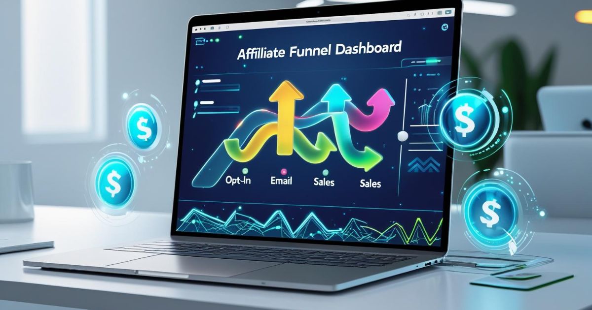Visual representation of an affiliate marketing funnel setup on a laptop.