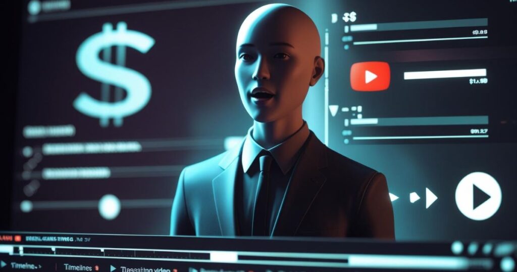 An AI avatar presenter delivering a video with play buttons and cash icons, showing the use of AI video creation tools like Synthesia for passive YouTube income.