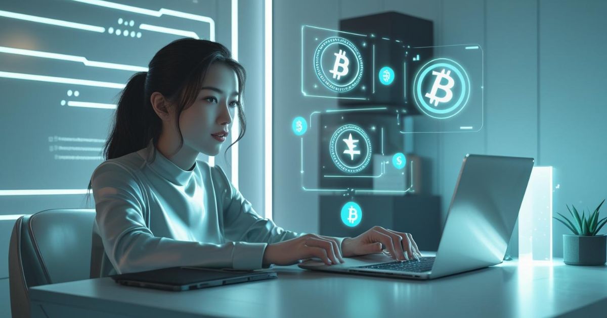 A beginner using a laptop surrounded by futuristic AI icons and dollar signs, symbolizing how anyone can earn passive income using AI tools in 2025.