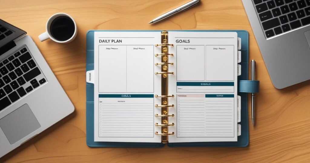 A modern printable business planner designed in Canva on a wooden desk.