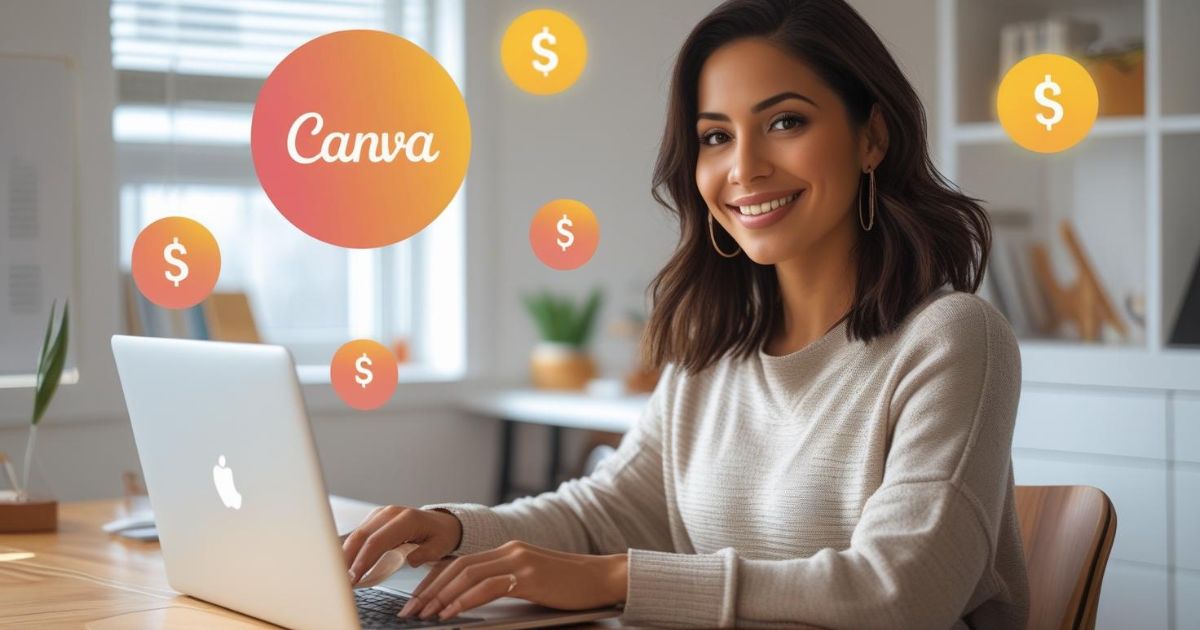 Woman creating and selling Canva templates on her laptop in 2025.