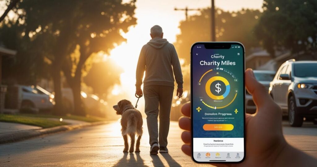 Walker using Charity Miles app with donation meter overlay for cancer research