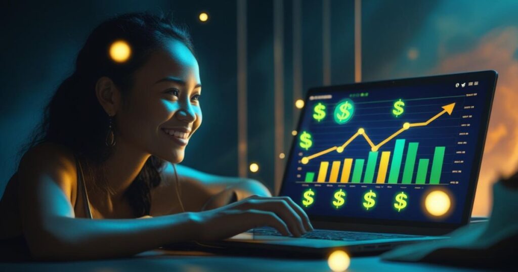 Excited beginner looking at income growth charts and AI graphics on a laptop, representing the beginning of an AI-powered passive income journey in 2025.