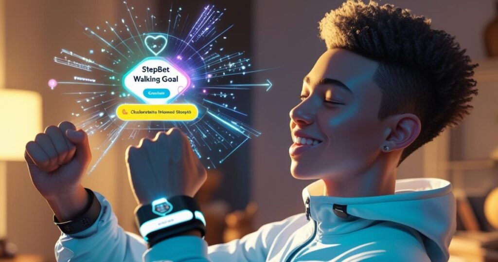 StepBet user finishing daily goal using smartwatch and smiling