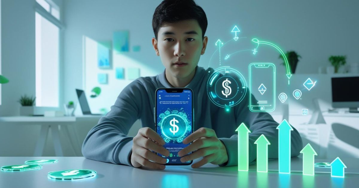 Young adult using walking app with futuristic income tracking visuals